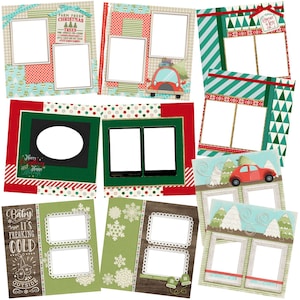 Può includere: Un set di 10 cornici per foto natalizie stampabili con vari design. Le cornici presentano colori rosso, verde e bianco con motivi festivi e testo come "Farm Fresh Christmas Trees" e "Merry Christmas and Happy Always".