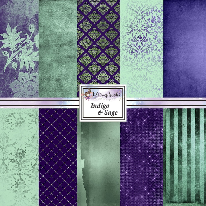 May include: Digital paper pack with 10 different patterns in shades of green, purple, and gold. The patterns include damask, stripes, and glitter. The text "Indigo & Sage" is visible in the center of the image.