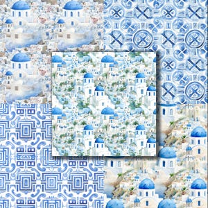 May include: A seamless pattern featuring a watercolor illustration of a white and blue Greek village with blue domed churches. The pattern is repeated throughout the image.