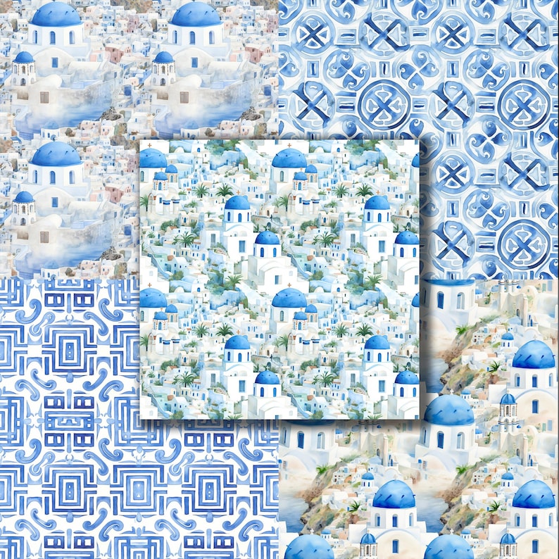 May include: A seamless pattern featuring a watercolor illustration of a white and blue Greek village with blue domed churches. The pattern is repeated throughout the image.