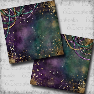 May include: Two square scrapbook paper sheets with a dark purple, green, and gold background. Gold stars and decorative corner elements are scattered across the paper. Strings of purple, green, and gold beads are draped across the top corners.