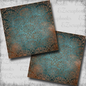 May include: Two square scrapbook papers with a distressed teal and copper damask pattern. The papers have a vintage, aged appearance with ornate floral designs and a textured look, perfect for crafting projects.