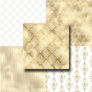 Peut inclure: Un pack de papier num&eacute;rique avec six motifs diff&eacute;rents pr&eacute;sentant des motifs de damas dor&eacute;s et blancs. Les motifs comprennent un motif en losange, un motif ray&eacute;, un motif floral et un motif de dentelle.