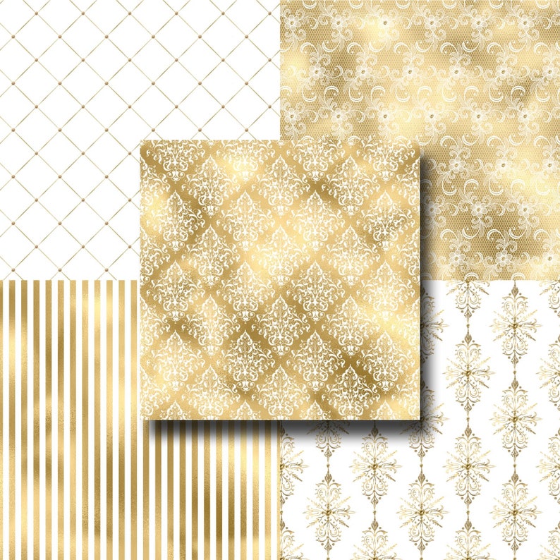 Peut inclure: Un pack de papier num&eacute;rique avec six motifs diff&eacute;rents pr&eacute;sentant des motifs de damas dor&eacute;s et blancs. Les motifs comprennent un motif en losange, un motif ray&eacute;, un motif floral et un motif de dentelle.