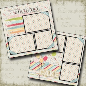 May include: A digital scrapbook template with a colorful polka dot pattern and the text "today is your BIRTHDAY... bask in the happiness". The template has five photo spaces, including a large space at the top and four smaller spaces below. The template also features a colorful striped pattern and the word "CAKE" in large letters.