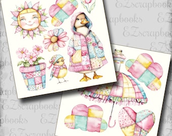 May include: Watercolor illustrations of whimsical characters and objects. A smiling sun, a duck in a patchwork coat, a bird in a hat, flowers, and a heart-shaped design. The designs are in pastel colors with a patchwork quilt theme.
