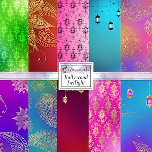 May include: A digital paper pack with 10 different patterns featuring gold glitter, paisley designs, and lanterns. The patterns are in shades of green, red, pink, blue, and purple. The text "Bollywood Twilight" is in the center of the image.