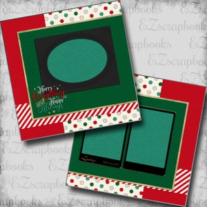 May include: A digital scrapbook template with a green background, red and white striped border, and a polka dot pattern. The template has two photo frames, one oval and one rectangular, and the text "Merry Everything and Happy Always".