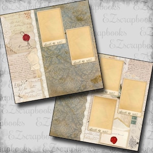May include: A vintage scrapbook page with a blue and brown patterned background. The page has five blank photo frames with the word "Levell" printed on each frame. The page also has a wax seal with a red wax and a decorative lace border.