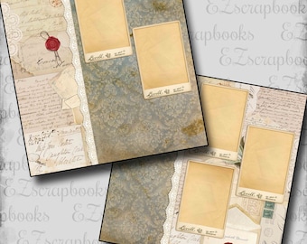May include: A vintage scrapbook page with a blue and brown patterned background. The page has five blank photo frames with the word "Levell" printed on each frame. The page also has a wax seal with a red wax and a decorative lace border.