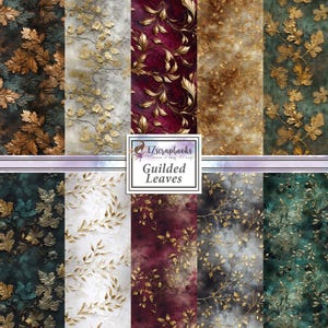 May include: A collection of digital papers featuring various leaf designs in gold, bronze, and teal. The papers have a textured appearance and are set against backgrounds of burgundy, gray, and white. The text "Gilded Leaves" is displayed in a white frame.