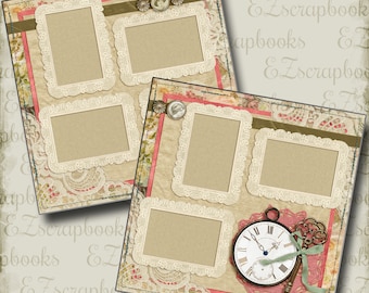 Puede incluir: Un diseño de álbum de recortes vintage con cuatro marcos de fotos, un reloj de bolsillo y una llave. Los marcos están decorados con encaje y el fondo es un patrón floral.