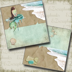 May include: A collage featuring a mermaid illustration, seashells, and starfish. The mermaid has brown hair and a green tail, sitting on a beach scene. The collage has a vintage, scrapbook aesthetic with a light blue and brown color scheme.