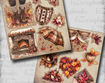 May include: A collection of digital stickers featuring autumn-themed illustrations including brown leather boots, a knit sweater, a brick fireplace with a fire, a plaid umbrella, an open book, a coffee cup, and various colorful fall leaves.