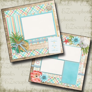 May include: Two digital scrapbook layouts with a beach theme. The top layout has a large white rectangle for a photo, a starfish, and a quote that says "Live in the sunshine, swim the sea, drink the wild air". The bottom layout has three white rectangles for photos, a flower, and a blue and white patterned background.