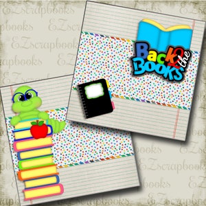 May include: A digital scrapbook paper design with a green worm holding a stack of colorful books. The paper has a lined background with a colorful triangle pattern and the text "Back to the Books".