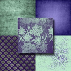 May include: A digital collage of six different patterned squares. The top left square is a light green textured background. The top right square is a purple textured background. The bottom left square is a dark purple background with a gold damask pattern. The bottom right square is a light green background with a purple damask pattern. The center square is a purple background with a white floral pattern.