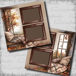 May include: A digital scrapbook page template featuring two dark brown wooden rectangular photo frames. The background displays a window view of autumn trees, a plaid blanket, and pillows on a ledge with scattered fall leaves on the floor.