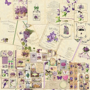 May include: A collection of vintage-style images featuring purple violets. The images include a variety of designs, such as floral arrangements, perfume bottles, and text. The images are printed on a cream-colored background with a distressed look.