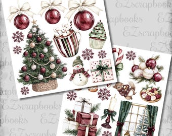 May include: Watercolor illustrations of Christmas-themed elements. The image features a Christmas tree, ornaments, snowflakes, a snowman, gifts, a cupcake, a mug of hot chocolate, and a window scene. The color palette includes red, green, white, and brown.