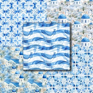May include: A digital paper pack with four different patterns featuring blue and white watercolor designs. The patterns include a blue and white striped pattern, a blue and white floral pattern, and two different blue and white geometric patterns.