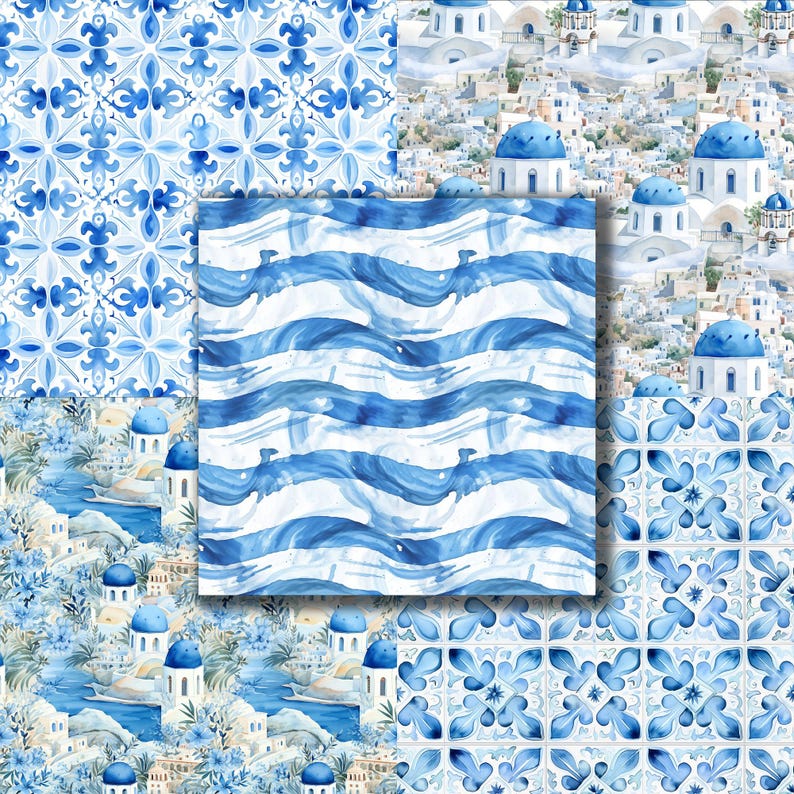 May include: A digital paper pack with four different patterns featuring blue and white watercolor designs. The patterns include a blue and white striped pattern, a blue and white floral pattern, and two different blue and white geometric patterns.