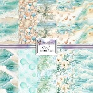 May include: A digital paper pack with 10 different beach-themed patterns. The patterns include seashells, waves, palm trees, bubbles, and flowers. The paper pack is perfect for scrapbooking, card making, and other crafting projects.