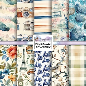 May include: A collection of watercolor-style scrapbook papers with travel-themed designs. The patterns include cameras, mountains, stamps, the Statue of Liberty, flowers, the Eiffel Tower, scooters, and birds. The text "Worldwide Adventure" is also visible.