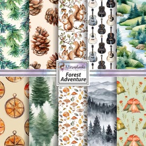 May include: A collection of watercolor-style digital papers with a forest adventure theme. Designs include pine needles, pine cones, squirrels, guitars, a river, compasses, trees, mushrooms, mountains, and tents. The text "Forest Adventure" is displayed.