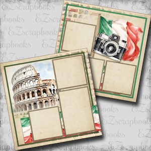 May include: Two scrapbook pages with an Italian theme. One page features the Colosseum, the other a vintage camera and Italian flag. Both pages have photo placeholders and decorative borders.