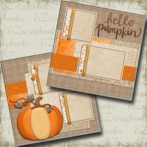 May include: A digital scrapbook template with a brown background and orange and white patterned paper. The template has two photo spaces and the text "hello pumpkin".