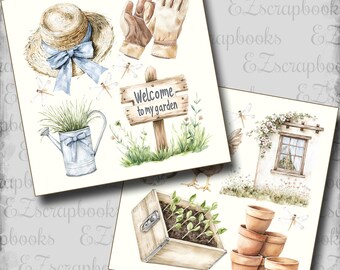 May include: Watercolor illustrations of gardening items. Includes a straw hat with a blue ribbon, gardening gloves, a watering can, a wooden sign that says "Welcome to my garden", a wooden planter box, and terracotta pots.