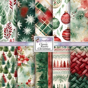 May include: A collection of watercolor Christmas-themed digital papers. Designs include snowflakes, plaid, ornaments, Christmas trees, and knitted textures. The text "Classic Rustic Christmas" is displayed on a white square.