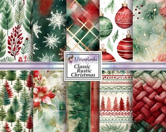 May include: A collection of watercolor Christmas-themed digital papers. Designs include snowflakes, plaid, ornaments, Christmas trees, and knitted textures. The text "Classic Rustic Christmas" is displayed on a white square.