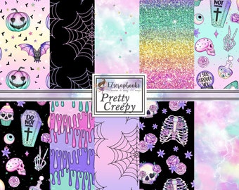 May include: A digital paper pack with a spooky and cute theme. The pack includes 10 different patterns featuring skulls, bats, pumpkins, cupcakes, eyeballs, and more. The patterns are in a variety of colors, including pink, purple, blue, green, and black. The text "Pretty Creepy" is featured on the pack.