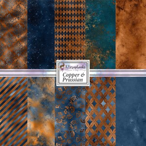 May include: Digital paper pack with 8 different patterns in shades of blue and copper. The patterns include a damask, a diamond pattern, a floral pattern, a striped pattern, and a geometric pattern. The text "Copper & Prussian" is visible in the center of the image.