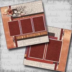 May include: A digital scrapbook template with a rustic theme. The template features a brown, orange, and white background with a woodgrain pattern. There are four rectangular photo frames with a red, brown, and white border. The text "memories" is written in white on a brown background.