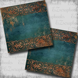 May include: Two square teal and copper-colored scrapbook paper sheets. The teal background has a distressed, mottled appearance. Intricate copper-colored floral and scrollwork borders frame the top and bottom edges of each sheet. The paper has a vintage, antique aesthetic.