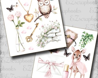 May include: Watercolor illustrations of various elements, including an owl, roses, a key, a heart-shaped pendant, butterflies, a deer in a pink cape, and an envelope with a pink bow. The images are arranged on a white background.