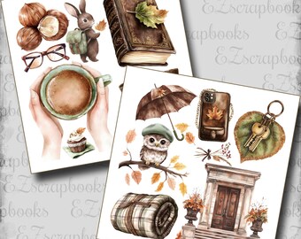 May include: Watercolor illustrations of autumn-themed items. Includes a book with a leaf, a cup of coffee, a bunny with a backpack, an owl, a blanket, a phone case, keys, and a door. The color palette features warm browns, greens, and oranges.