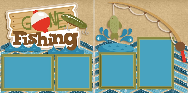 Pu&ograve; includere: Un layout di scrapbook con un cartello di legno marrone che dice "Gone Fishing" con un galleggiante rosso e bianco e un'esca da pesca verde. Il layout ha due cornici per foto blu e uno sfondo a motivo chevron blu e verde. Il lato destro del layout presenta una canna da pesca marrone con un pesce verde sulla lenza e uno schizzo d'acqua blu.