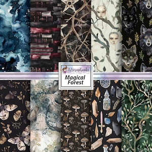 May include: A collection of digital papers with a magical forest theme. The designs include watercolor textures, stacks of books, tree branches, wolves, butterflies, mushrooms, crystals, and potion bottles. The text "Magical Forest" is displayed in a white frame.