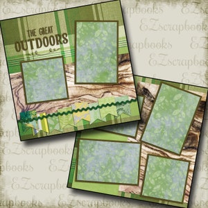 May include: Scrapbook pages with a nature theme. The pages feature green and brown plaid, wood grain, and leaf patterns. The text "THE GREAT OUTDOORS" is visible. Decorative elements include green banner flags and photo frames.
