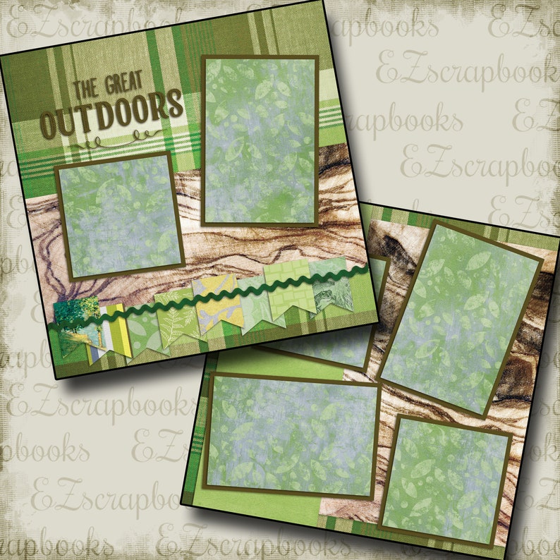 May include: Scrapbook pages with a nature theme. The pages feature green and brown plaid, wood grain, and leaf patterns. The text "THE GREAT OUTDOORS" is visible. Decorative elements include green banner flags and photo frames.