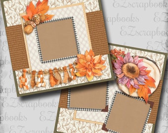 Puede incluir: Tres plantillas de álbum de recortes digitales con un tema otoñal con patrones a cuadros marrones, naranjas y blancos, un diseño floral y un fondo de madera. Las plantillas tienen espacio para fotos y texto.