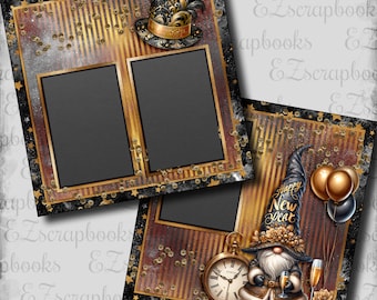 Black & Gold Happy New Year Gnome - 2 Premade Scrapbook Pages - EZ Layout 23-952