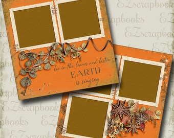 Puede incluir: Dos plantillas de páginas de álbum de recortes digitales en naranja con marcos de fotos marrón oscuro. Una presenta una llave vintage y hojas con el texto "lie in the leaves and listen: EARTH is singing". La otra incluye anís estrellado.