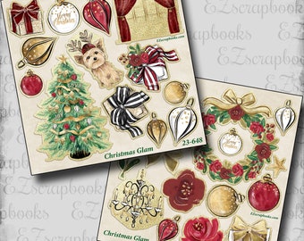 May include: A set of 24 digital Christmas scrapbook paper elements featuring a gold and red color scheme. The elements include a Christmas tree, ornaments, a wreath, a gift box, a window, a chandelier, and a Yorkshire Terrier.