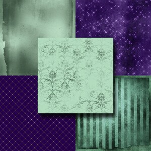 May include: A digital collage of four different patterns. The top left pattern is a light green watercolor wash. The top right pattern is a dark purple background with white glitter. The bottom left pattern is a dark purple background with a gold diamond pattern. The bottom right pattern is a light green and white striped pattern.