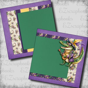 May include: Two green scrapbook layouts with purple borders. The left layout has a white and gold pattern with musical instruments. The right layout has a cartoon alligator wearing sunglasses and a purple hat playing a ukulele. The alligator is on a white and gold background with purple and gold accents.